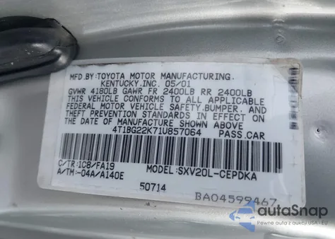 2001 Toyota Camry Ce/Le/Xle from USA, damaged, VIN 4T1BG22K71U857064